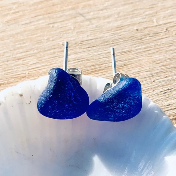 Hand Crafted Jewelry - Cobalt Seaglass Stud Earrings